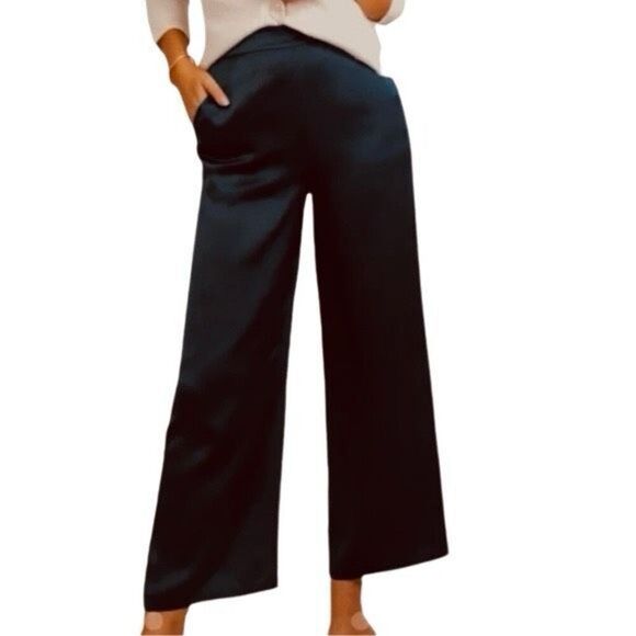 Rachel Zoe Satin Dress Pants Wide Leg High‎ -Rise Pockets Black M NWOT - Picture 1 of 13